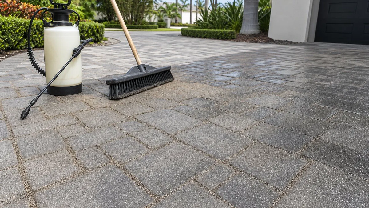 Paver sealing and joint sand preparation on a Tampa Bay driveway